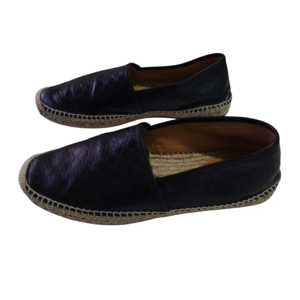Gucci Microguccissima Black‎ Embossed Leather Slip-On Espadrilles Women's 8